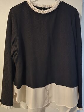 Elle Black Long-Sleeve Layered Ruffle-Neck Blouse with White Hem
